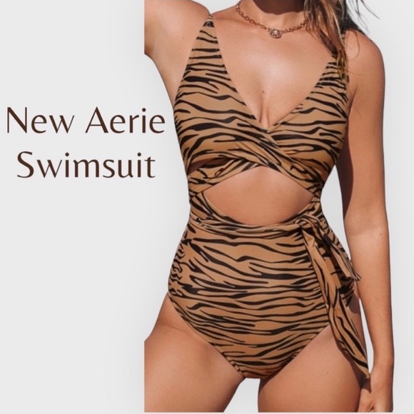 XL Long/ Aerie tiger print 1  piece swimsuit wrap around tie waist. Tan & black - Picture 6 of 14